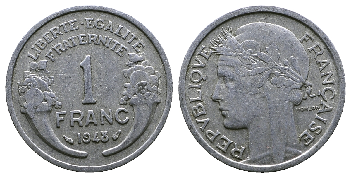ФРАНЦИЯ 1 ФРАНК 1948 ТИП MORLON, LEGERE KM 885a.1, LE FRANC 221.13 алюминий 261-437