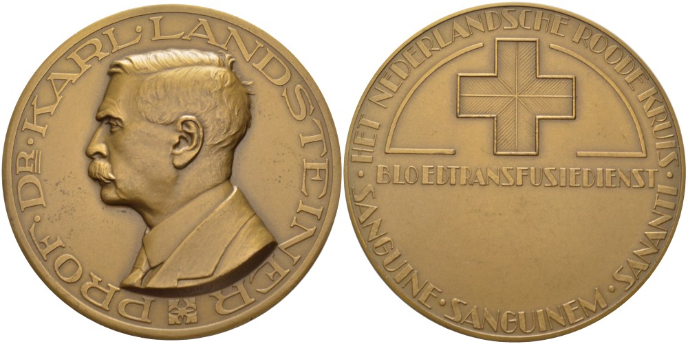 Нидерланды медаль ND профессор, доктор Карл Ландштейнер (1868-1943), лауреат Нобелевской премии, за открытие групп крови, нидерландское общество Красного креста, пеликан, диаметр 50 мм.  бронза 1089-5-23