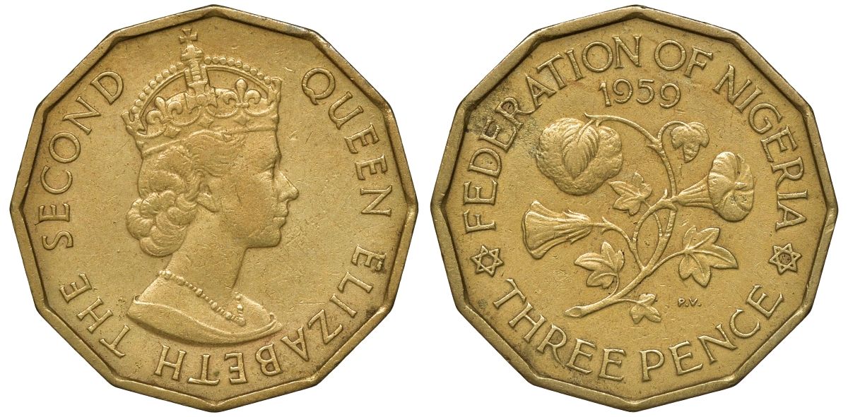 Нигерия 3 пенса 1959 Елизавета II (1952-2022), Британский протекторат KM 3 медь цинк никель 00-00
