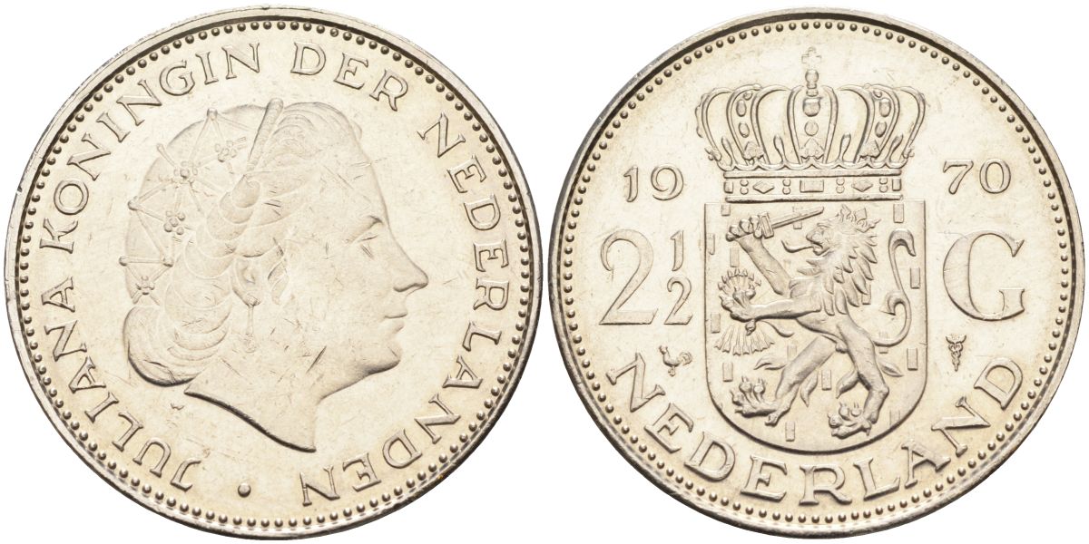 Нидерланды 2 1/2 гульдена 1970 Юлиана (1948-1980) KM 191 никель 4593-631