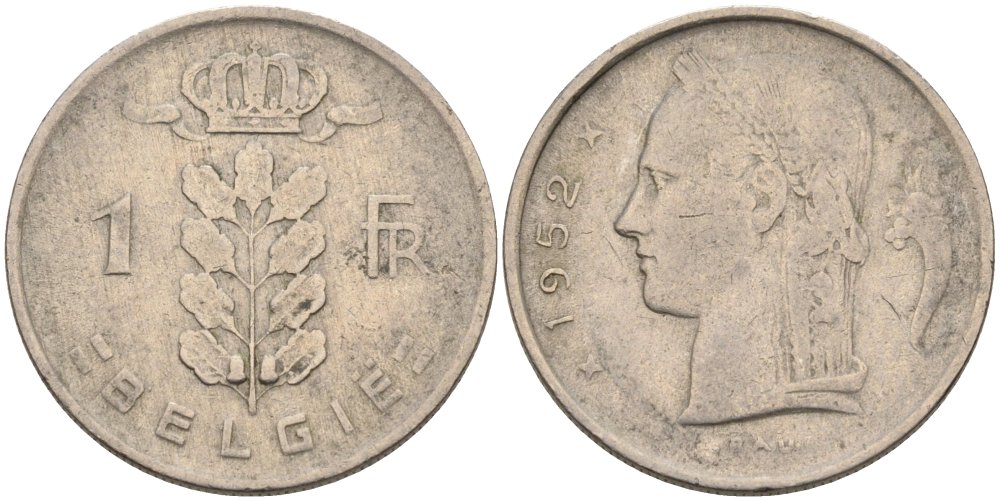 Бельгия 1 франк 1952 Belgie, Бодуэн I (1951-1993) KM 143.1 медно-никель 4395-612