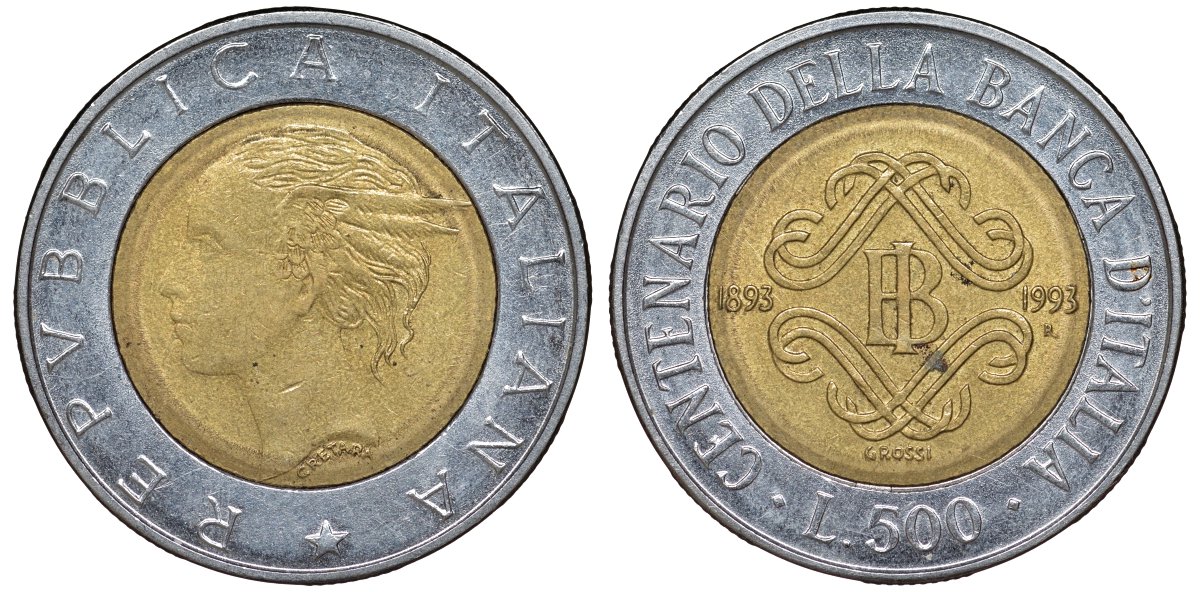 Италия 500 лир 1993 100 лет Банку Италии KM 160 биметалл 51-1823