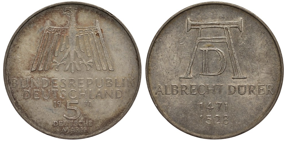 ФРГ 5 марок 1971 D, 500 лет со дня рождения Альбрехта Дюрера KM 129, J. 410 серебро 3855-923