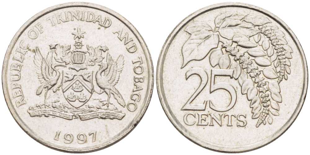 Тринидад и Тобаго 25 центов 1997 цветок дикая пуансеттия KM 32 медно-никель 105-755