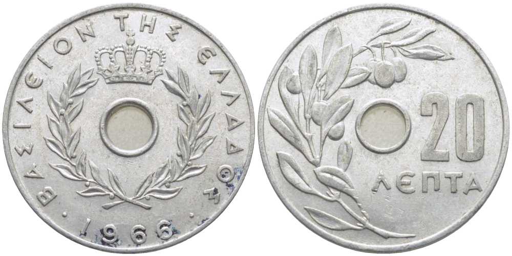 Греция 20 лепта 1966 Константин II (1964-1974), оливковая ветвь KM 79 алюминий 113-926