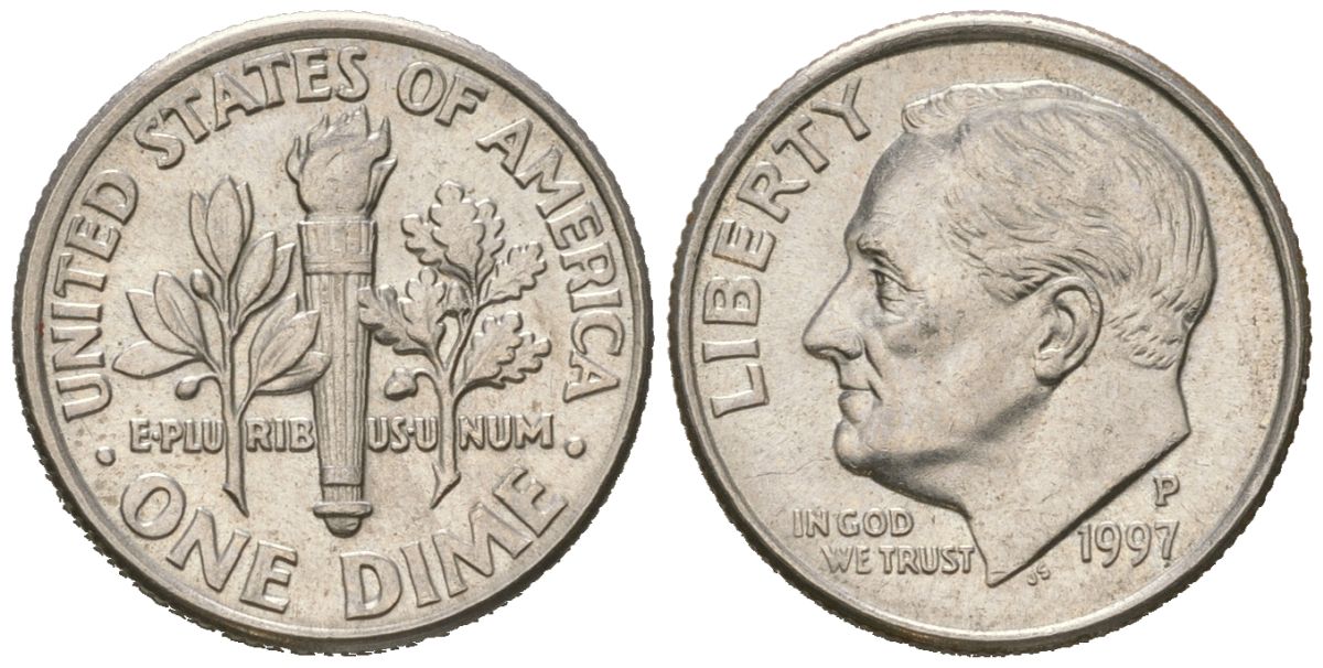 США 10 центов (дайм) 1997 P, президент Рузвельт KM 195a медь плакированная медно-никелем UNC 218-159