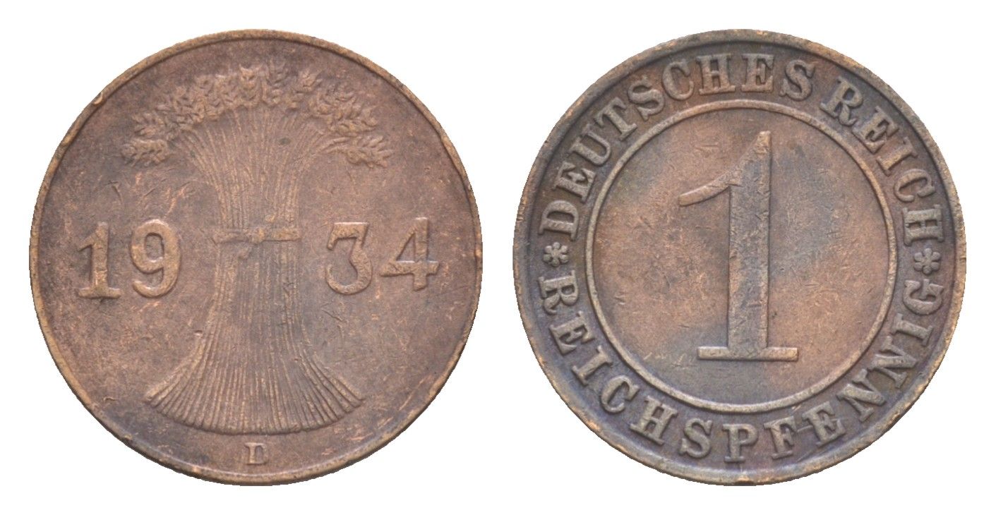 Германия 1 рейхспфенниг 1934 D KM 37, J. 313 бронза 4636-346