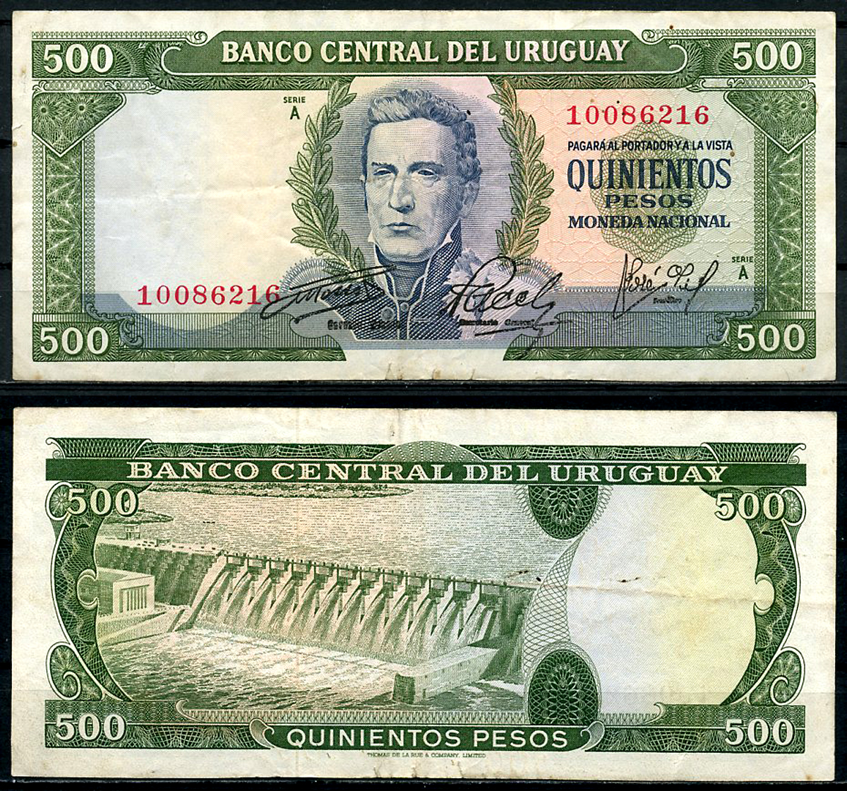 Уругвай 500 песо ND (1967) Хосе Хервасио Артигас, плотина ГЭС с водохранилищем Ринкон-дель-Монте на Рио-Негро, номер 100 Pick 48 a (7)  бумага   444-122-3-2