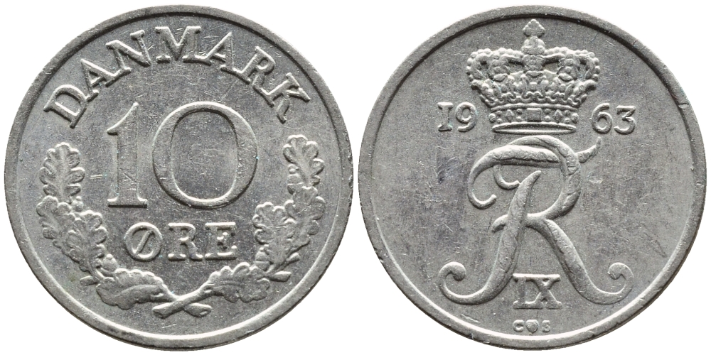 ДАНИЯ 10 ЭРЕ 1963 C; S, ФРЕДЕРИК IX (1947-1972) KM 849.1 медно-никель 4392-421