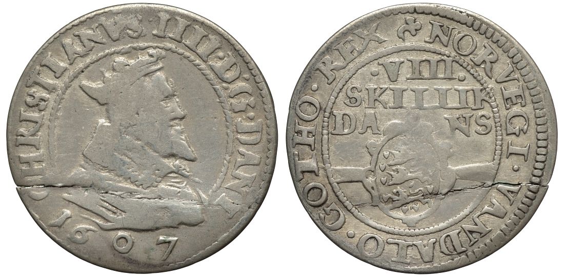 Дания 8 скиллингов 1607 Кристиан IV (1588-1648) KM 32, Hede 93 A, Sieg 54.1 серебро 00-801-14