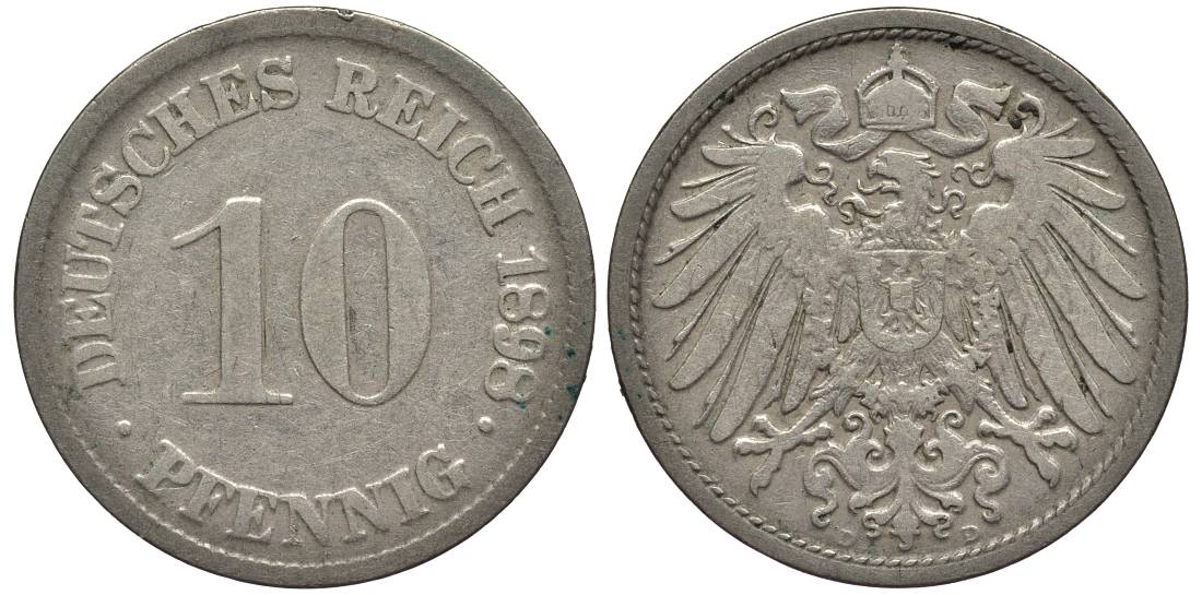 Германия 10 пфеннигов 1898 D KM 12, Jager 13, Weege 8 медно-никель 219-312