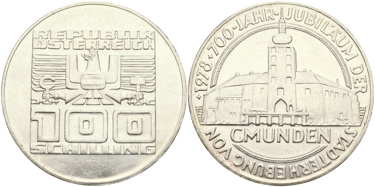 Австрия 100 шиллингов 1978 700 лет городу Гмунден KM 2938 серебро UNC 02-118-41