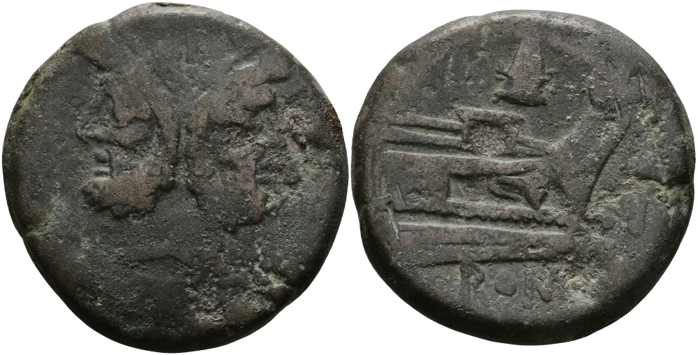 Римская Республика асс 206 - 195 гг. до н.э. анонимный выпуск, Голова Януса / Прора, Рим, VERY FINE, 34,30 гр Cr. 124/3 медь 1073-8-34