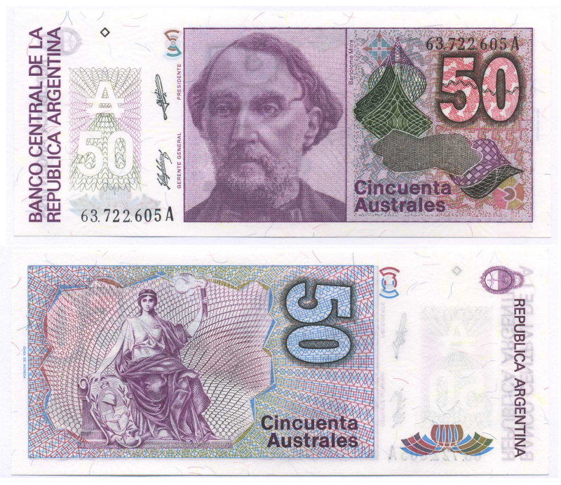 АРГЕНТИНА 50 АУСТРАЛЕЙ 1989 СЕРИЯ А 63722, БАРТОЛОМЕ МИТРЕ, АРГЕНТИНСКИЙ ПОЛИТИК, ПОЛКОВОДЕЦ Pick 326b бумага UNC (ПРЕСС) 7148-33-3