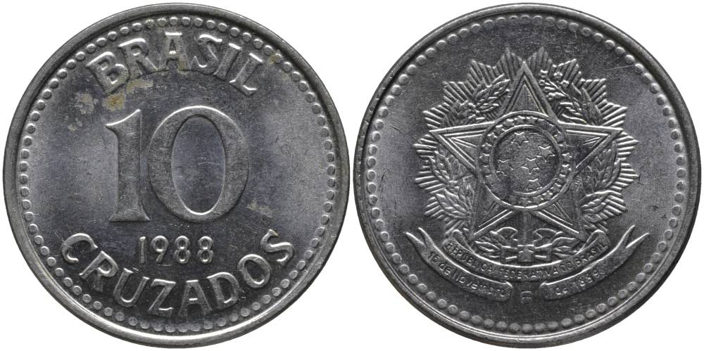 Бразилия 10 крузадо 1988 реформа 1986-1989 KM 607 нержавеющая сталь 69-834