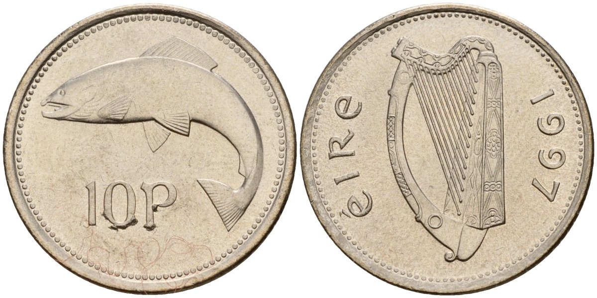 Ирландия 10 пенсов 1997 лосось KM 29 медно-никель 4141-321