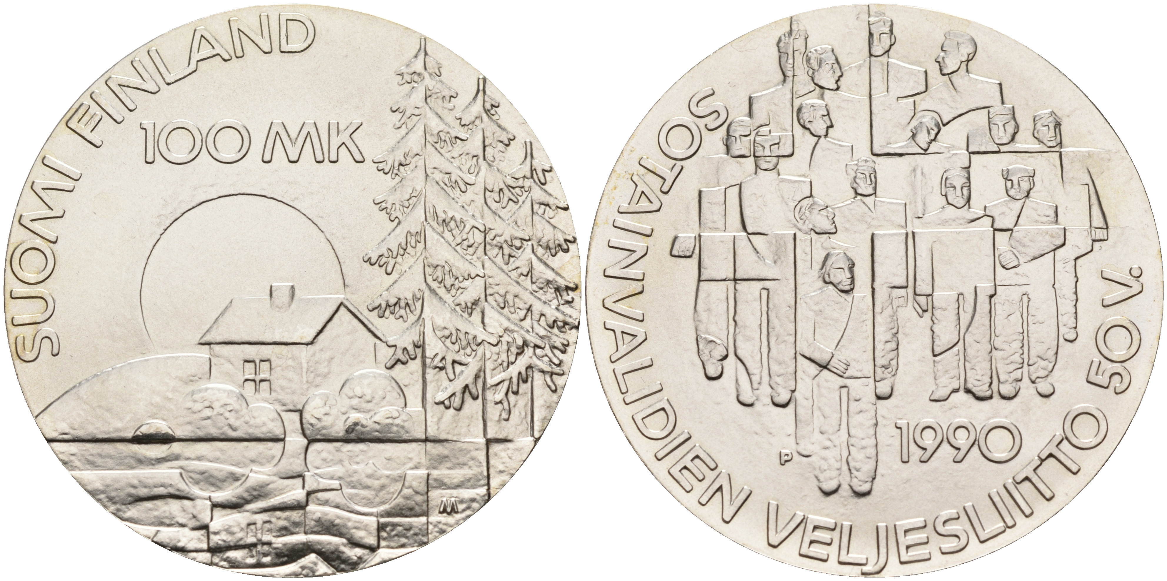 Финляндия 100 марок 1990 50 лет ассоциации ветеранов войны KM 67 серебро UNC 1525-1343