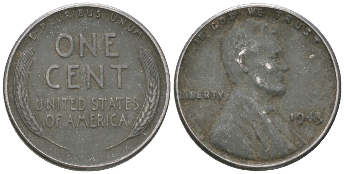 США 1 цент 1943 Авраам Линкольн KM 132 a сталь покрытая цинком 214-328