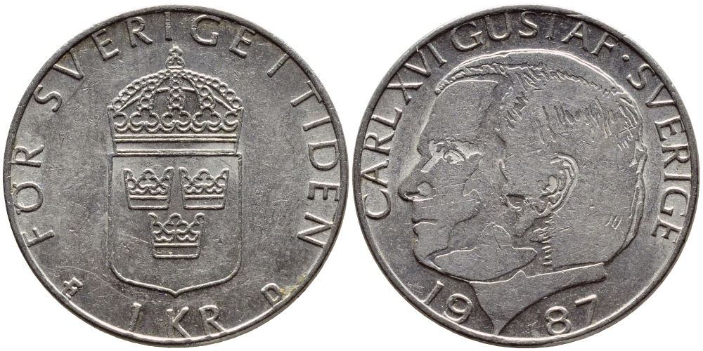 Швеция 1 крона 1987 Карл XVI Густав (1973- ) KM 852a медно-никель 4397-1154