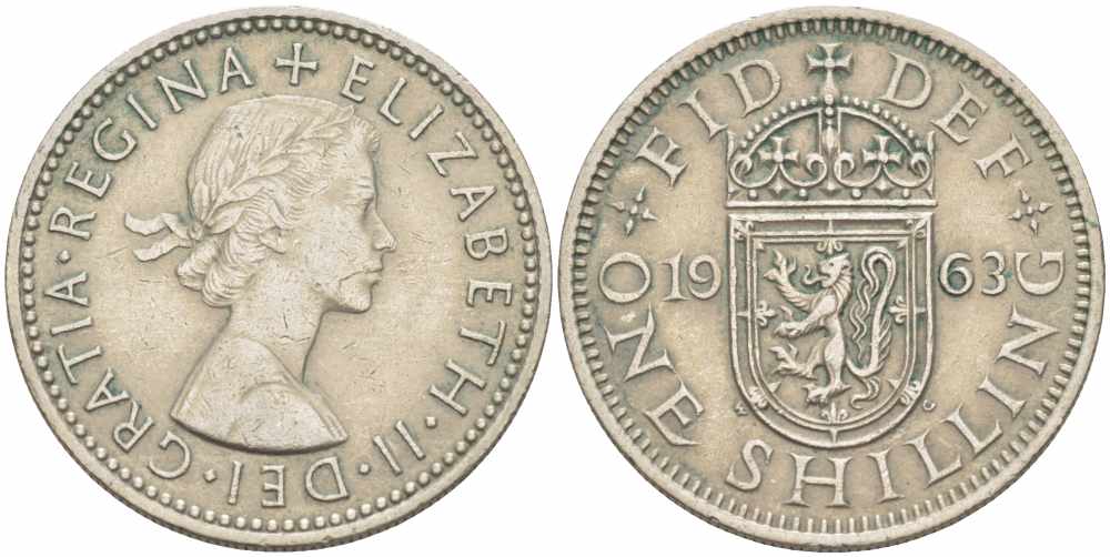 Великобритания 1 шиллинг 1963 Елизавета II (1952-2022), Шотландский герб KM 905, Spink 4148 медно-никель 34-633