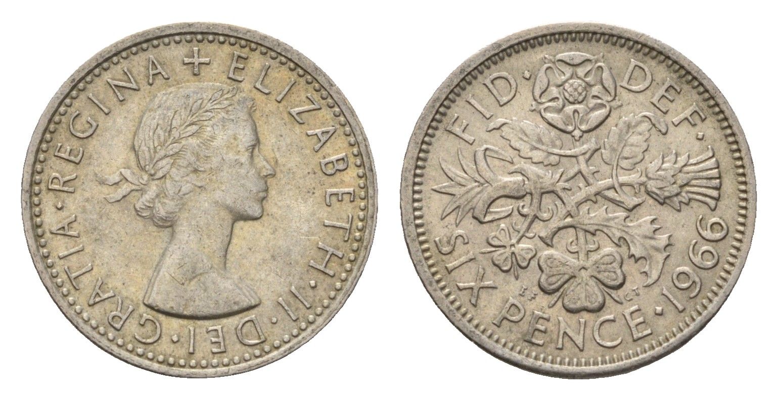 Великобритания 6 пенсов 1966 Елизавета II (1952-2022) KM 903, Spink 4149 медно-никель 4708-348