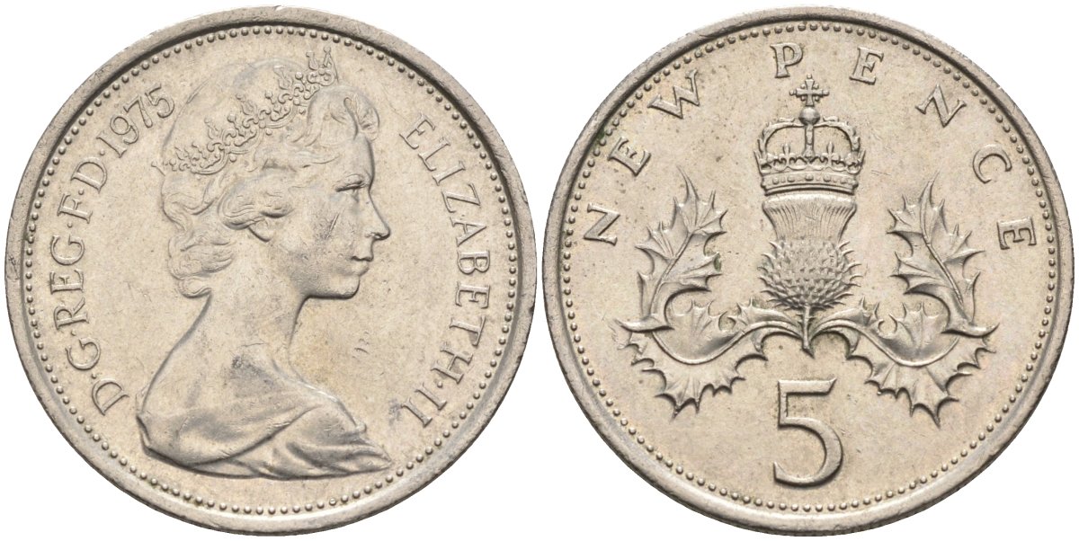 Великобритания 5 пенсов 1975 Елизавета II (1952-2022) KM 911, Spink 4233 (D1) медно-никель 4586-931
