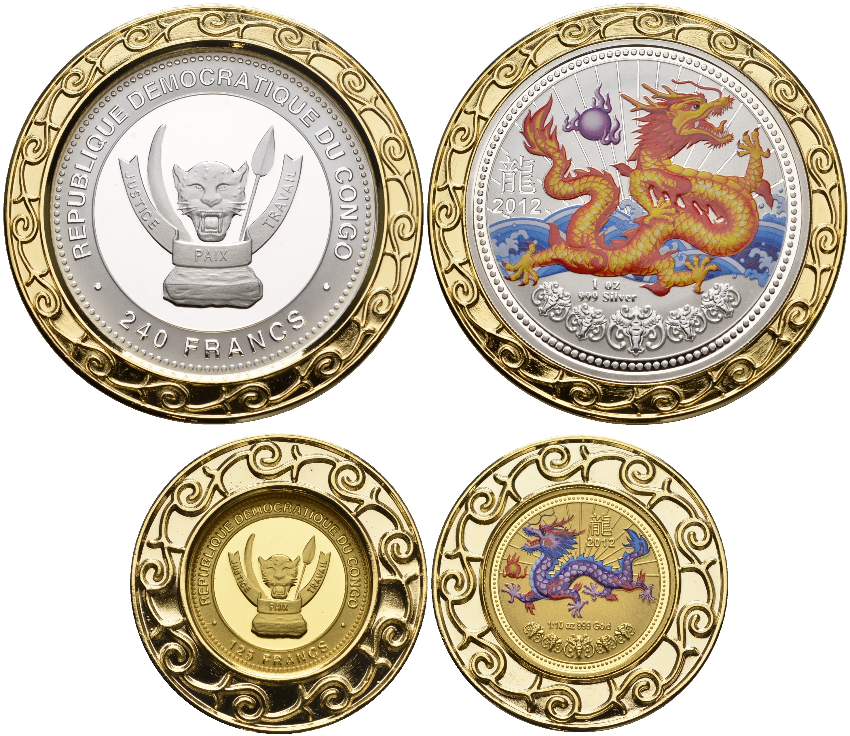 ДР Конго 125 и 240 франков 2012 год дракона, в оригинальной подарочной коробке, тампопечать, № 93, очень редкий  золото, серебро  PROOF  7-3-1-23