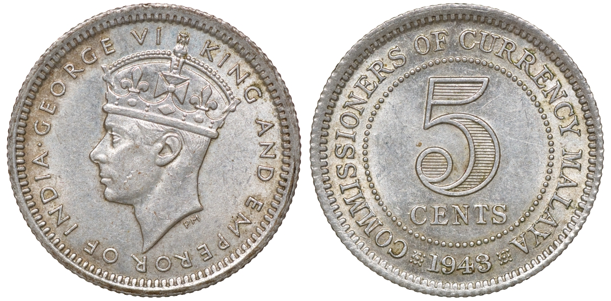 Британская Малайя 5 центов 1943 Георг VI (1937-1952) KM 3a серебро 53-159