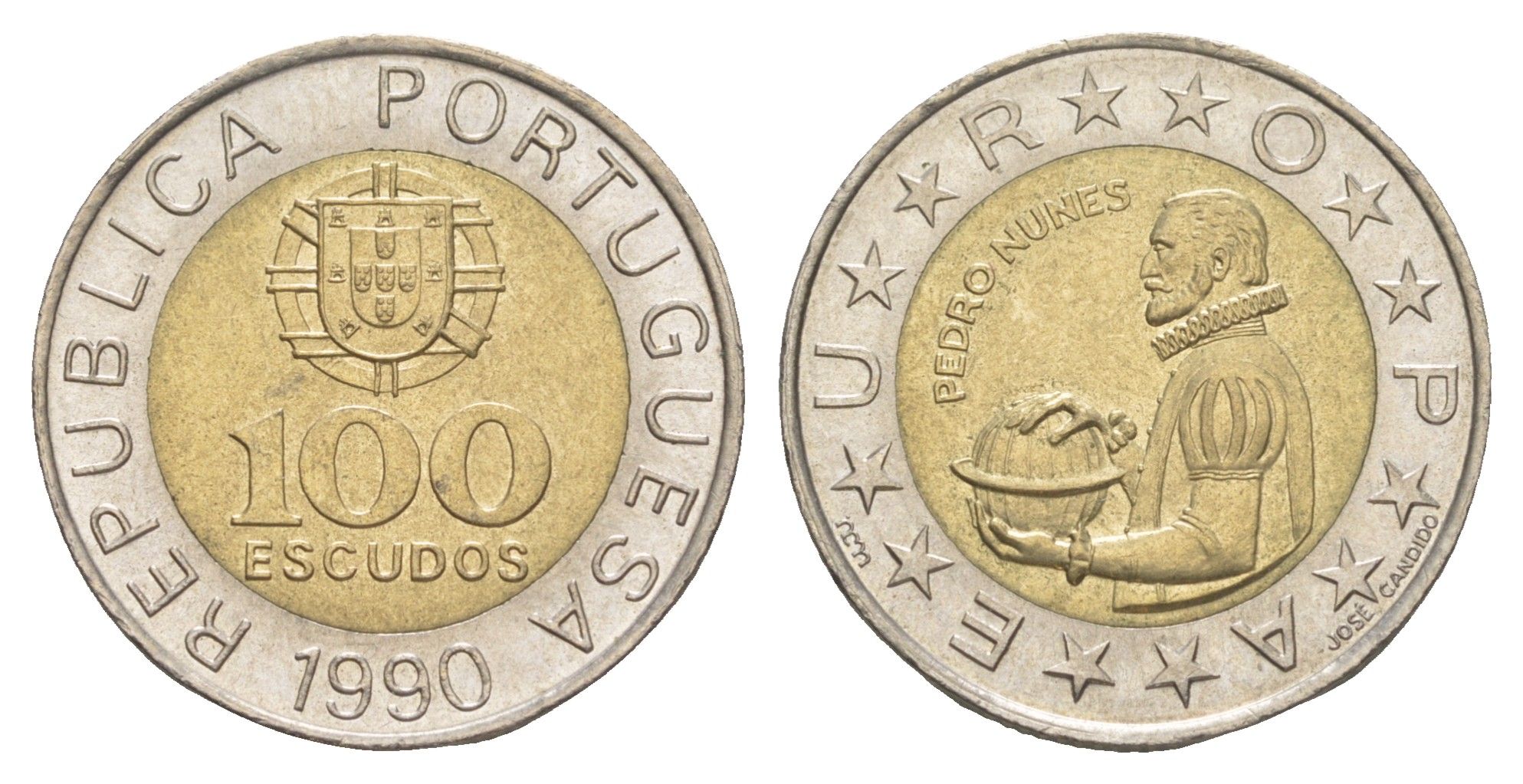 Португалия 100 эскудо 1990 Педру Нуниш (1502-1578), математик KM 645 биметалл UNC 4566-251