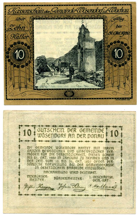 Вёзендорф-им-дер-Вахау, Австрия 10 геллеров 1920 31 октября 1920, нотгельд, земля Нижняя Австрия бумага 2193-26-1-2