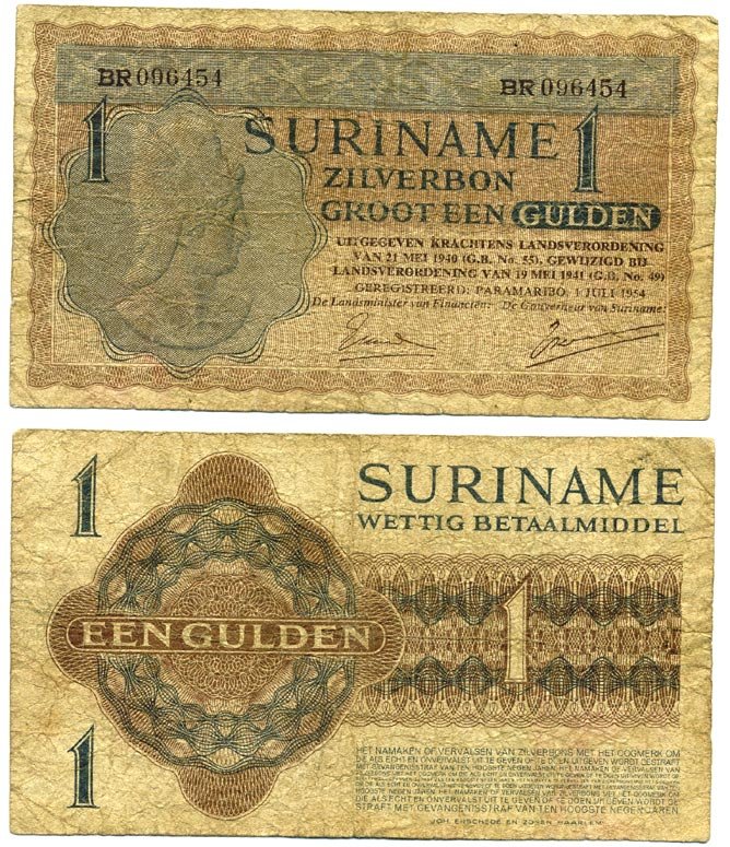 Суринам 1 гульден 1954 1 июля 1954, меркурий Pick 108a бумага 451-560-1