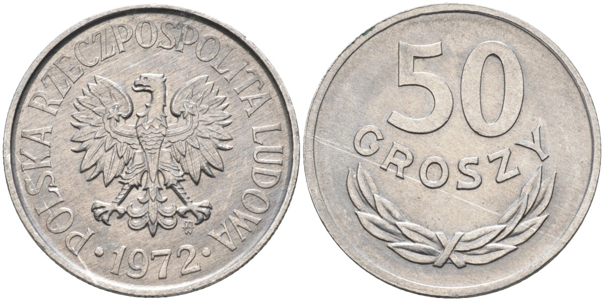 Польша 50 грошей 1972 MW, Народная Республика KM 48.1, Parchimowicz 210g алюминий aUNC 3336-346