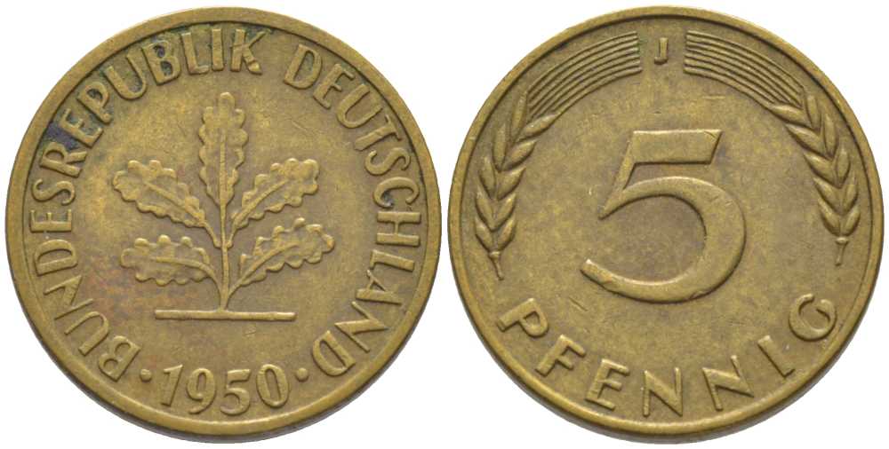 ФРГ 5 ПФЕННИГОВ 1950 J KM 107, J. 382 сталь плакированная латунью 116-261
