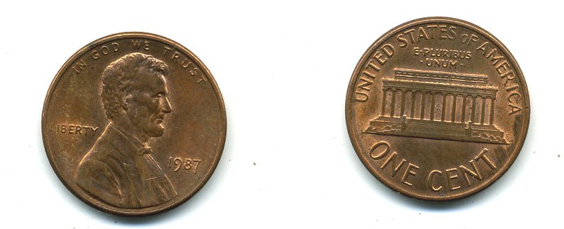 США 1 цент 1987 Линкольн KM 201b цинк плакированный медью 4364-231