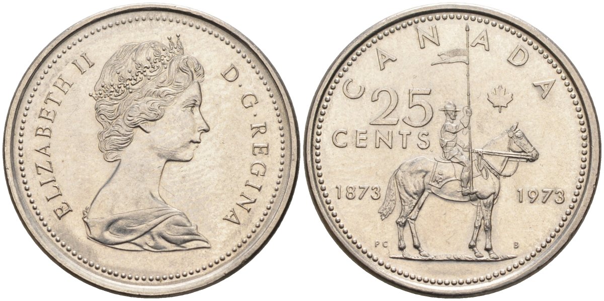 Канада 25 центов 1973 100 лет канадской горной полиции (1873-1973), Елизавета II (1952-2022) KM 81 никель 4586-413