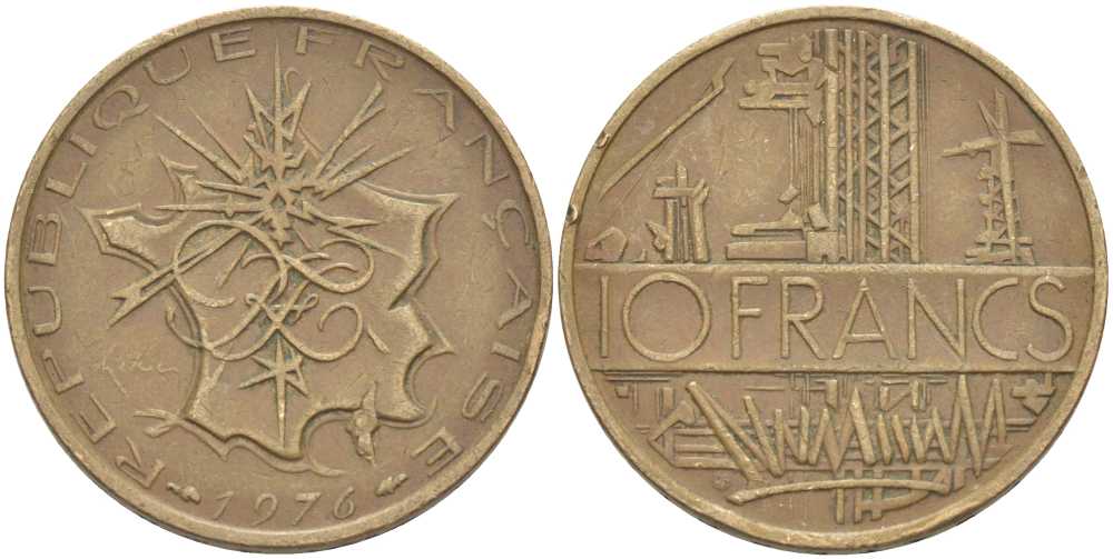 Франция 10 франков 1976 тип Матье KM 940, Le Franc 365.7-8 никель латунь 111-942
