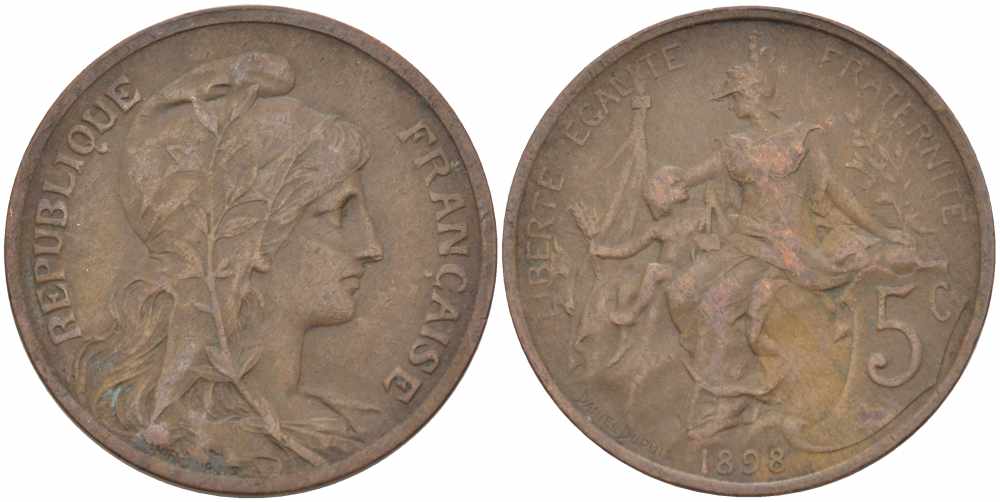 ФРАНЦИЯ 5 САНТИМОВ 1898 ТИП ДАНИЭЛЬ ДЮПЮИ KM 842, LE FRANC 119.5 бронза 108-815