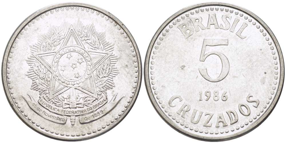 Бразилия 5 крузадо 1986 реформа (1986-1989) KM 606 нержавеющая сталь 24-856