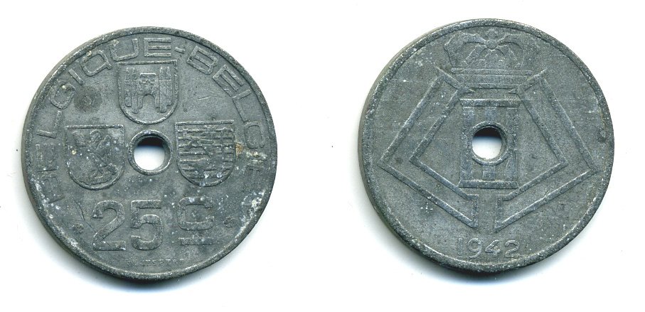 БЕЛЬГИЯ 25 САНТИМОВ 1942 BELGIQUE-BELGIE, ГЕРМАНСКАЯ ОККУПАЦИЯ, ВТОРАЯ МИРОВАЯ ВОЙНА KM 131 цинк 57-252