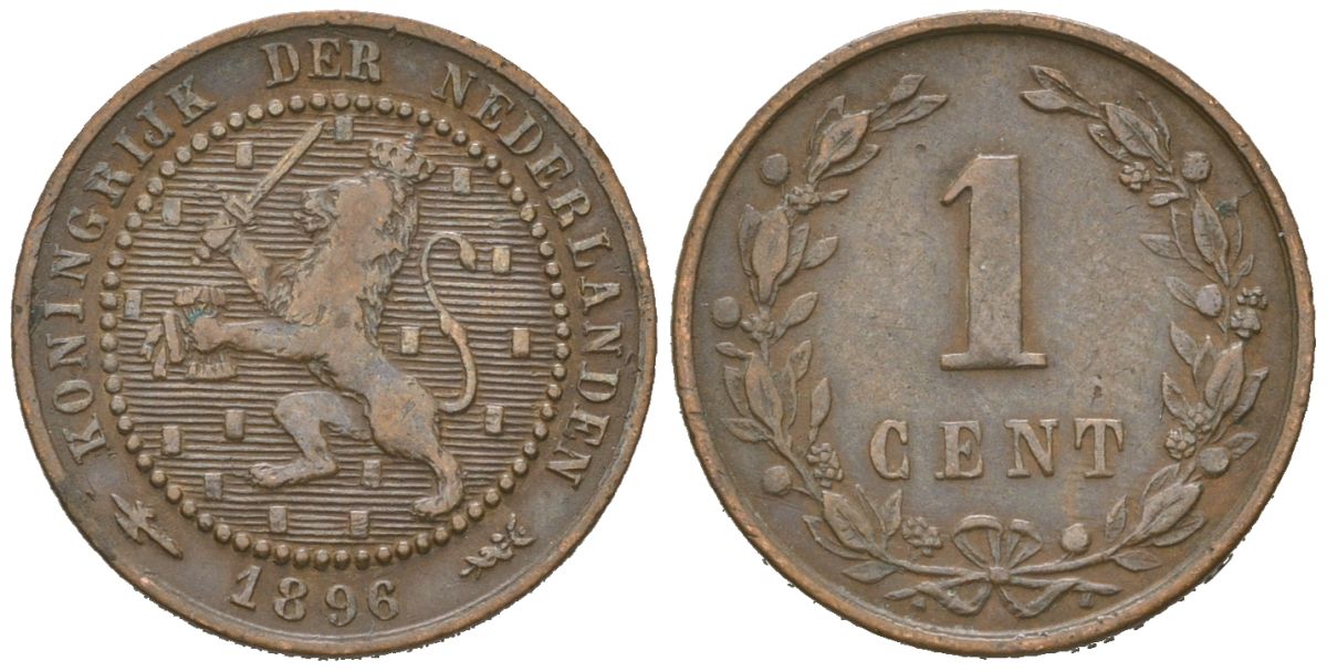 Нидерланды 1 цент 1896 Вильгельмина (1890-1948) KM 107 бронза 4154-553