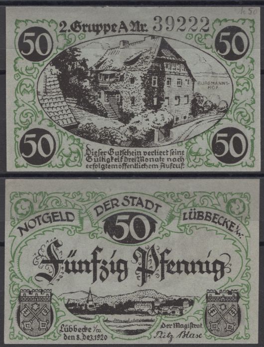 Люббекке 50 пфеннигов 1920 DeNG 2 819.1a-4/6 бумага UNC (пресс) 8608-31-3-1