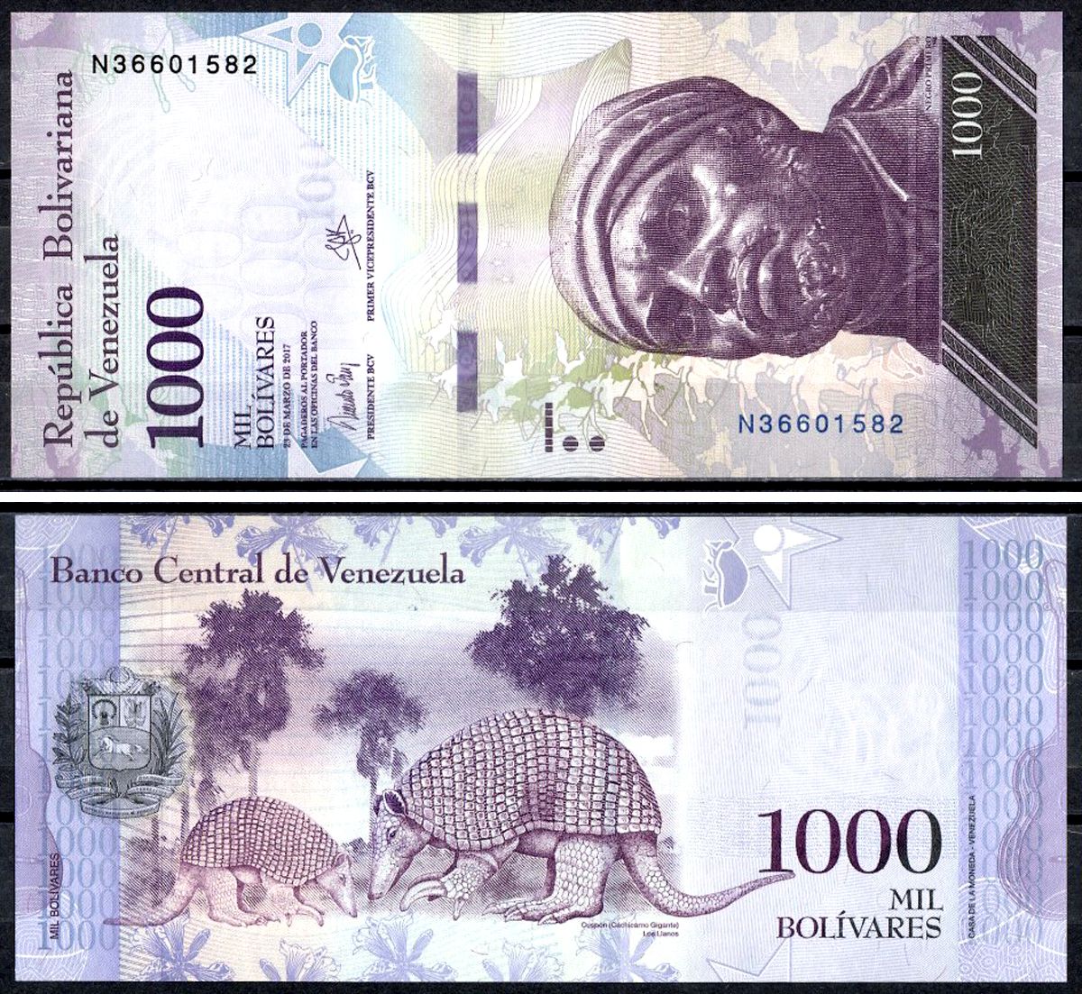 Венесуэла 1000 боливаров 2017 23 марта 2017, Негро Примеро, гигантские броненосцы Pick 95 b бумага UNC (пресс) 402-72-2-2