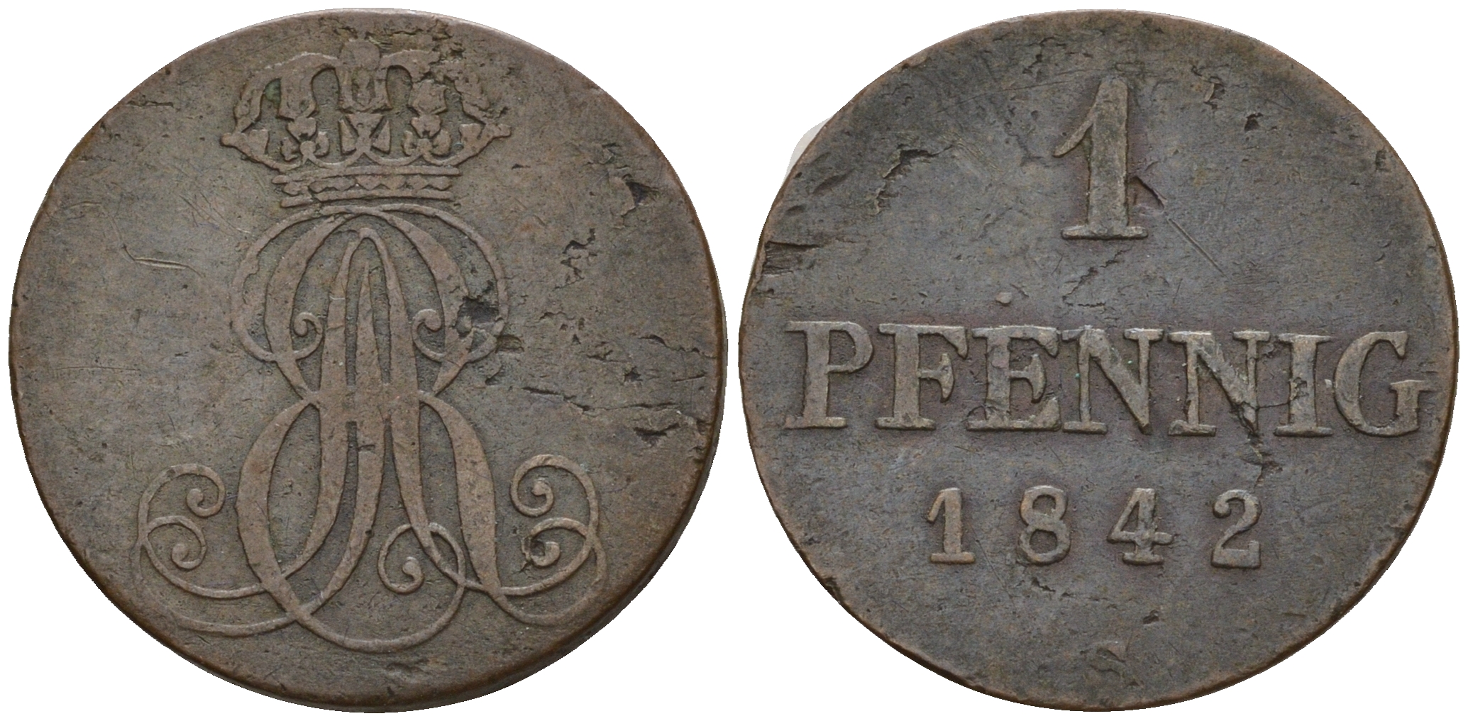 Ганновер 1 пфенниг 1842 S, Эрнст Август (1837-1851) KM 173.3, AKS 128, J. 54 медь 4608-351