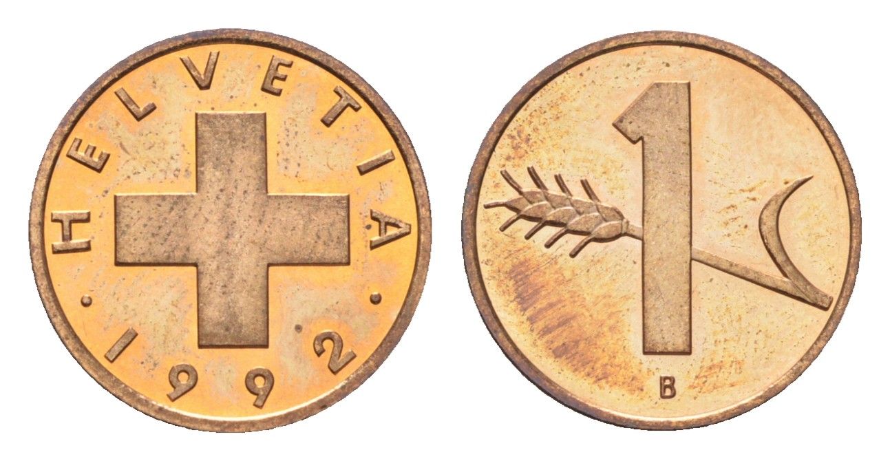 Швейцария 1 раппен 1992 B KM 46 бронза UNC 4708-316