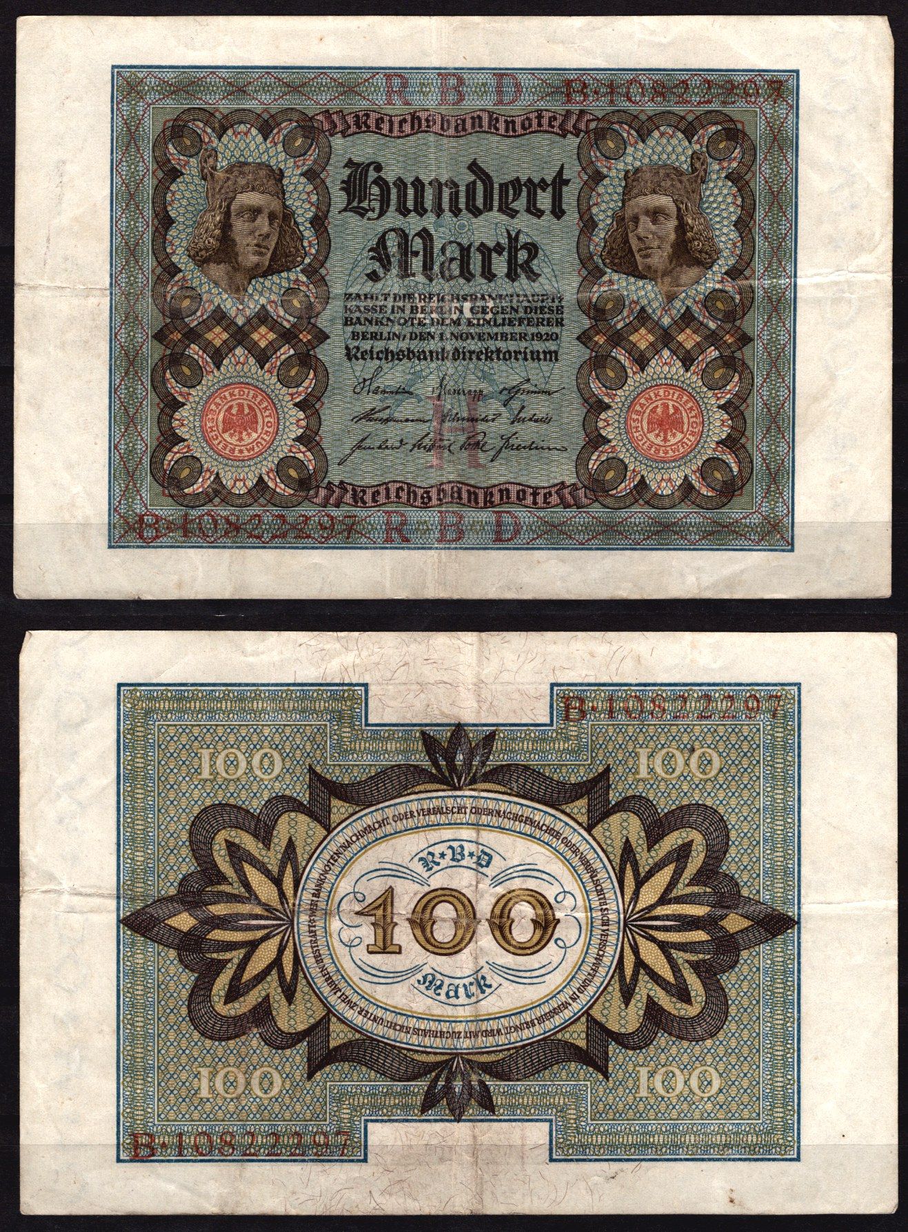 Германия 100 марок 1934 Веймар,8 цифр в номере, H, «Бамбергский всадник» из оперы «Купол Бамберга». Pick 69 b бумага 6289-29-2-1