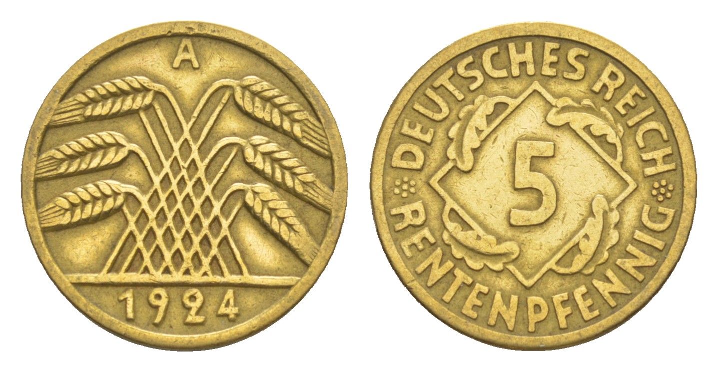 Германия 5 рентенпфеннигов 1924 A KM 32, J. 308 алюминиевая бронза 4164-1145