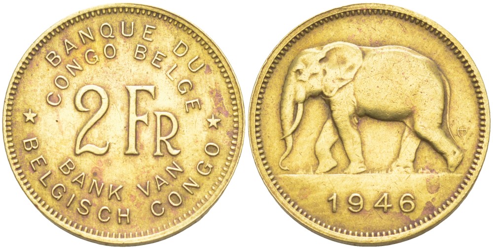 Бельгийское Конго 2 франка 1946 слон KM 28 латунь 4541-1021