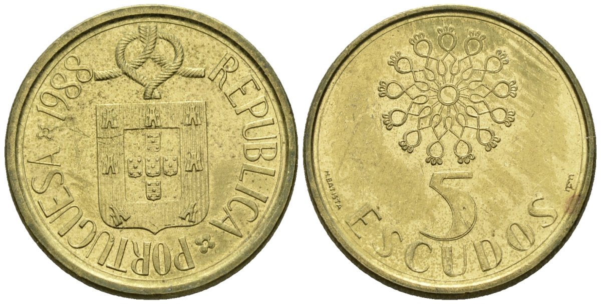 Португалия 5 эскудо 1988 KM 632 никель латунь 4148-441