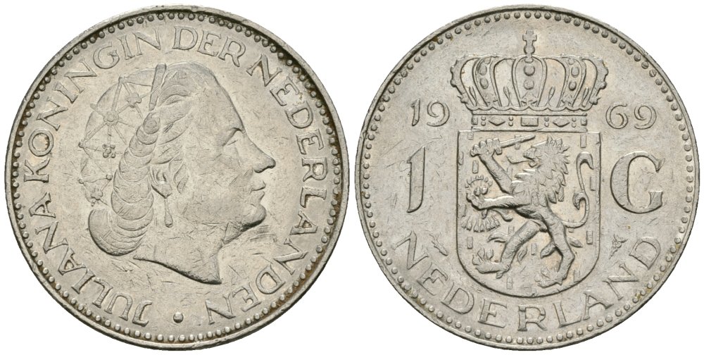 Нидерланды 1 гульден 1969 Юлиана (1948-1980) KM 184a никель 4579-527