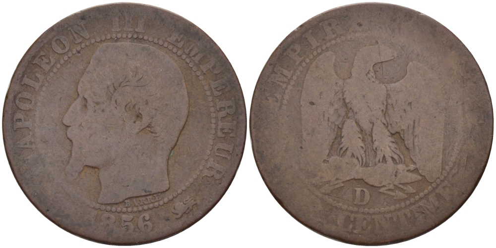 ФРАНЦИЯ 5 САНТИМОВ 1856 D, НАПОЛЕОН III (1852-1870), LARGE D KM 777.4, LA RFANC 116.33 бронза 28-713